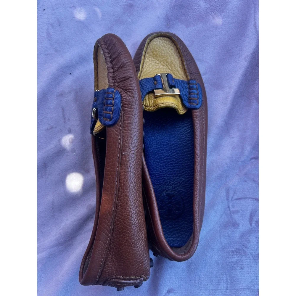 Tory Burch Colorblock Pebbled Leather Driving Loafers Brown Yellow Blue 6M